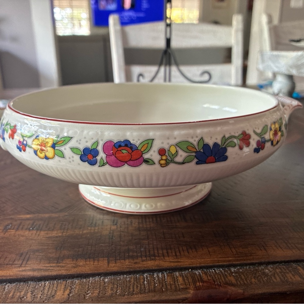 Vintage Myott, Son & Co. footed serving dish with floral decorations.